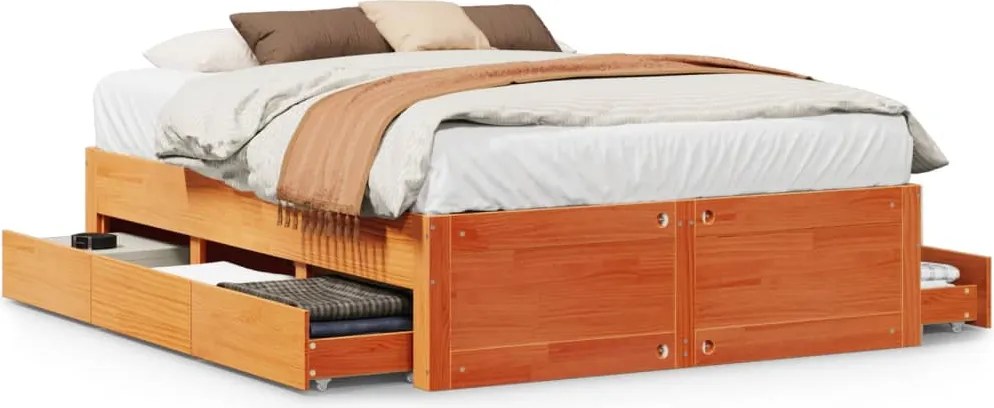 vidaXL Cadru pat fără saltea/cu sertare maro 140x200 cm lemn masiv pin