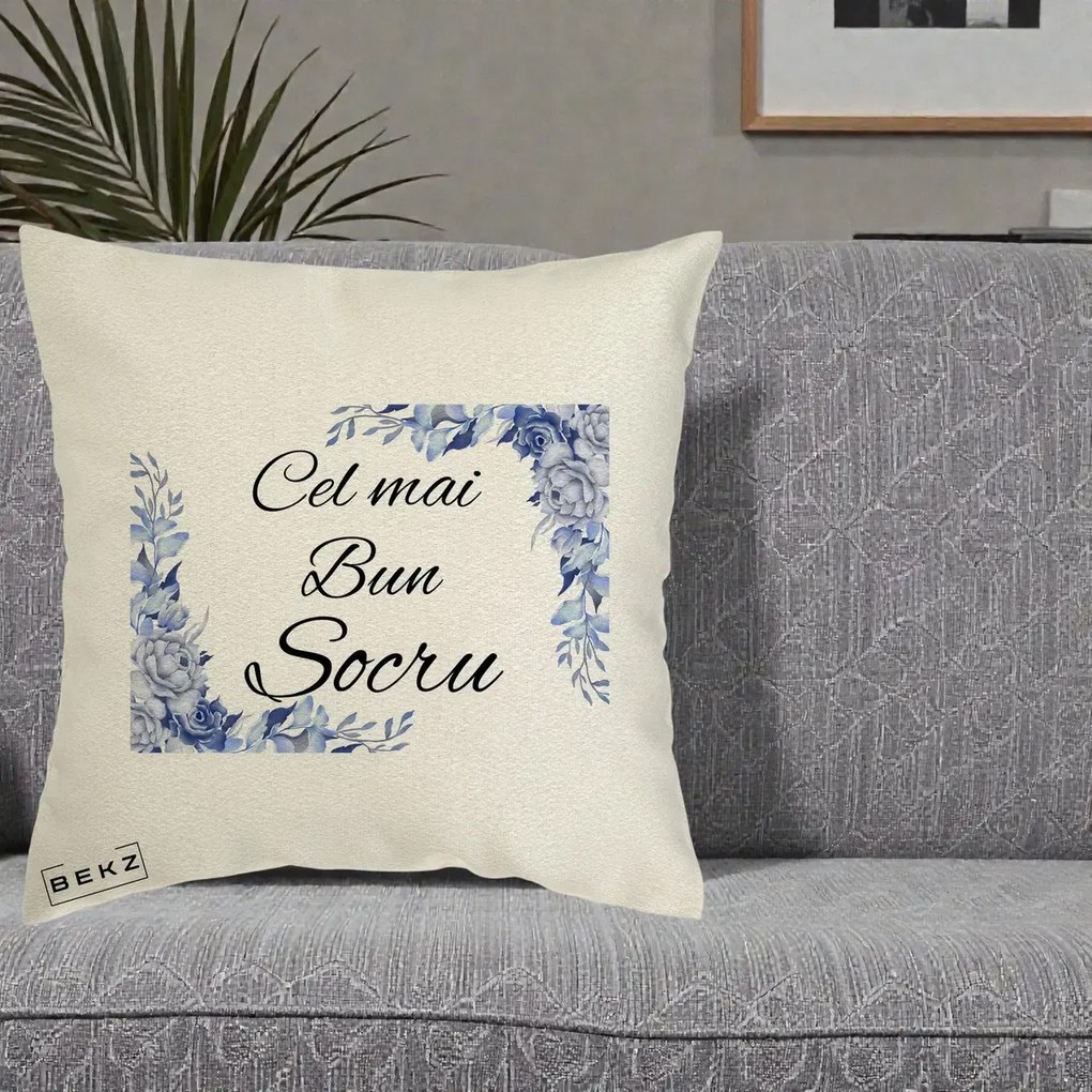 Cadou pentru Socru - Perna Personalizata Cel mai Bun Socru cu Flori Albastre Acuarela, 40x40 cm, Ecru, Husa Detasabila, Perna Inclusa, BEKZ®