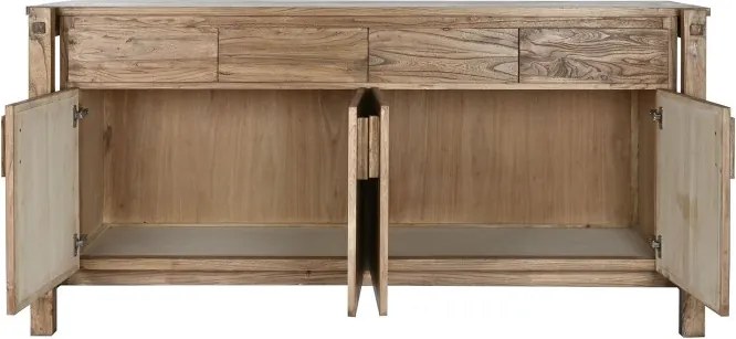 Bufet din lemn de ulm reciclat, natur, cu 4 uși, 4 sertare și îmbinări din lemn la vedere, aspect rustic, finisaj natural, 90 x 183 x 55 cm, „Castrel”