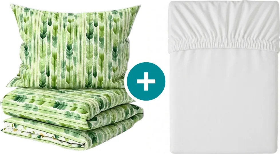 Set Lenjerie de pat creponata GREEN TREES POLY verde + Cearsaf Jersey 180 x 200 cm alb, pat dublu