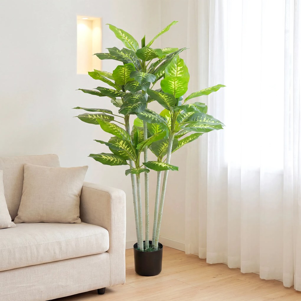 HOMCOM Plantă artificială Calathea înălțime 150 cm ghiveci din ciment 53 frunze - interior | Aosom Romania