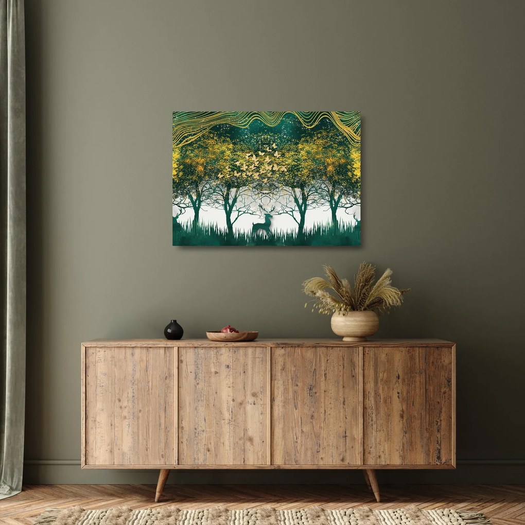 Tablou pe sticlă - Căprioare în pădurea verde (70x50 cm)