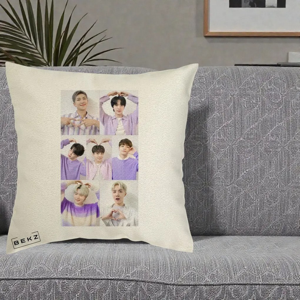Perna Personalizata K-pop BTS Colaj 7 Portrete cu Inimi Lila, 40x40 cm, Ecru, Husa Detasabila, Perna Inclusa, BEKZ®