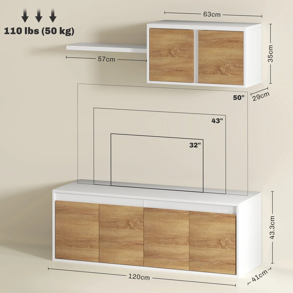 HOMCOM Set Mobilier TV și Dulap Suspendat cu 7 Rafturi și Raft Deschis, Mobilier pentru TV din PAL, 120x41x43,3 cm, Alb | Aosom Romania