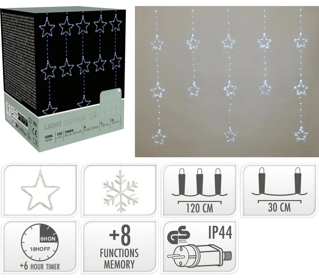 Ghirlandă luminoasă pentru exterior Stars, 120x120 cm LED, alb rece, temporizator, 8 funcții, 120 cm