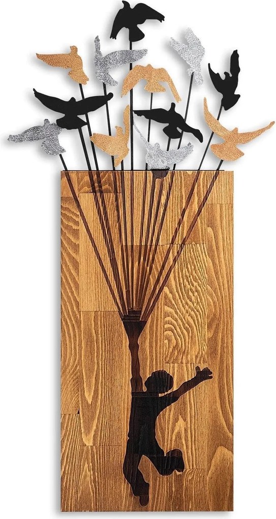 Decoratiune perete FLYING BOY 2, stejar/negru, lemn/metal, 45x86 cm