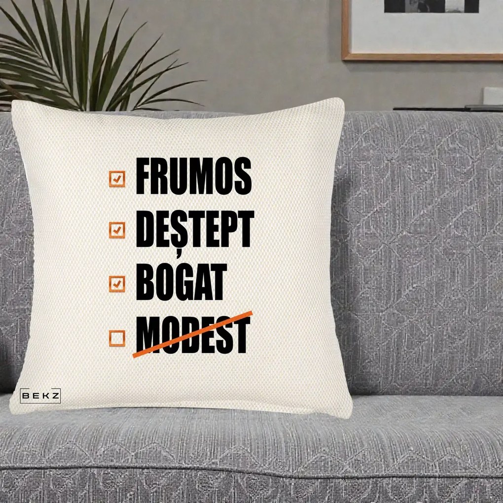 Perna Decorativa Frumos Destept Bogat, 40x40 cm, Crem Reliefat, Husa Detasabila, Perna Inclusa, BEKZ®