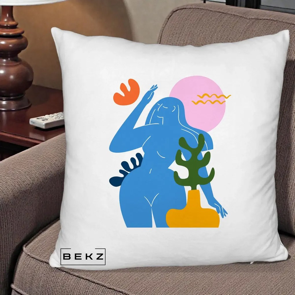 Perna Decorativa Femeie Albastra Cactus, 40x40 cm, Alb Pufos, Husa Detasabila, Perna Inclusa, BEKZ®