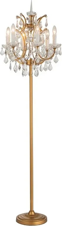 Lampadar din metal, auriu, cu 6 brațe tip lumânare și cristale din sticlă, 175 x 45 cm, „Memphis”
