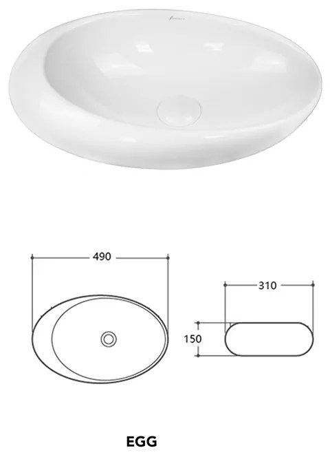 Lavoar pe blat Fluminia, Egg, oval, 49 x 31 cm, alb