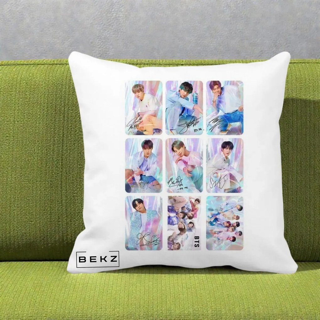 Perna Personalizata K-pop BTS Colaj 9 Fotografii Autografe Individual, 40x40 cm, Alba Mata, Husa Detasabila, Perna Inclusa, BEKZ®