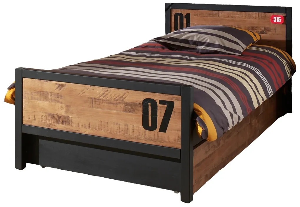 Set Mobilier Cameră Copii ALEX, 5 Piese, Pat 90x200 cm, Somieră Inclusă, Pin Masiv și Metal Negru – Vipack