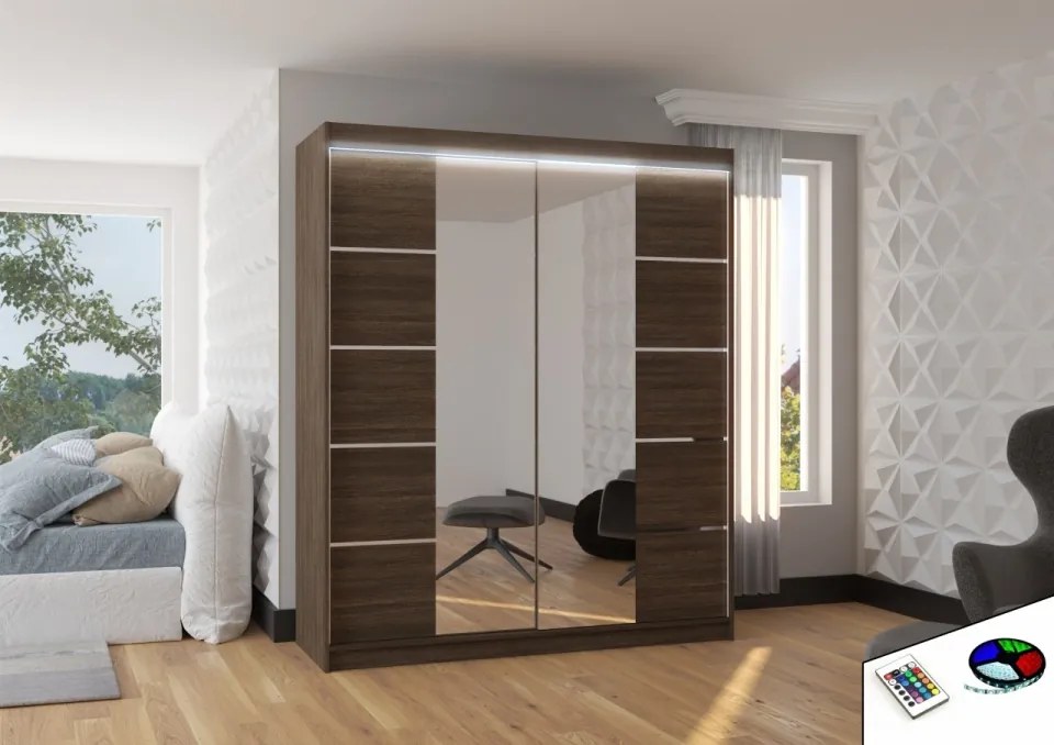 Dulap cu usi glisante si oglinda + iluminare LED, Traves 180 + LED, 180 cmx200 cmx58 cm, ADRK Furniture (Culoare: Alb)