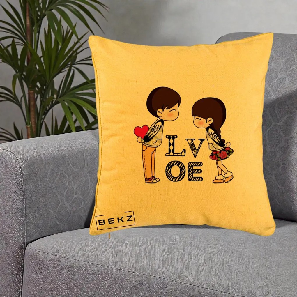 Cadou Romantic - Perna Personalizata Cuplu Kawaii LOVE, 40x40 cm, Galben, Husa Detasabila, Perna Inclusa, BEKZ®
