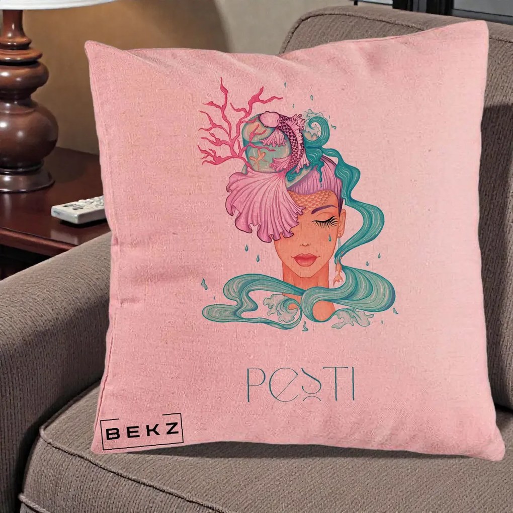 Perna Personalizata Zodiac Pesti Cowgirl, 40x40 cm, Roz, Husa Detasabila, Perna Inclusa, BEKZ®