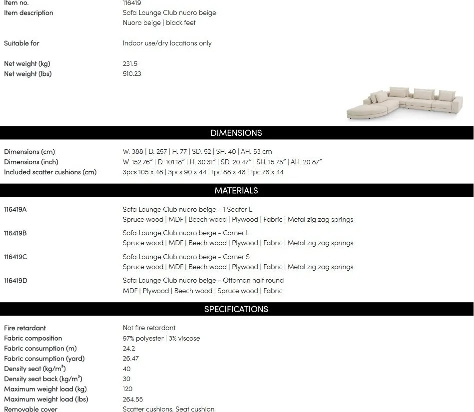 Canapea modulara design LUX Lounge Club, Nuoro beige