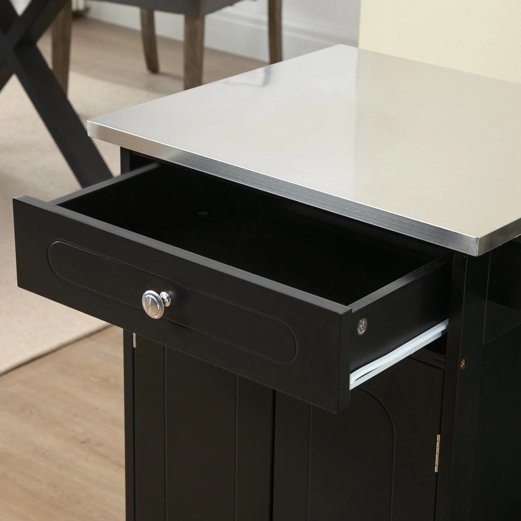 HOMCOM Căruț de servire pentru bucătărie pe roți, multiple spații de depozitare, 1 sertar, dulap cu 2 uși și raft, suport prosop, MDF negru, oțel inoxidabil | Aosom Romania