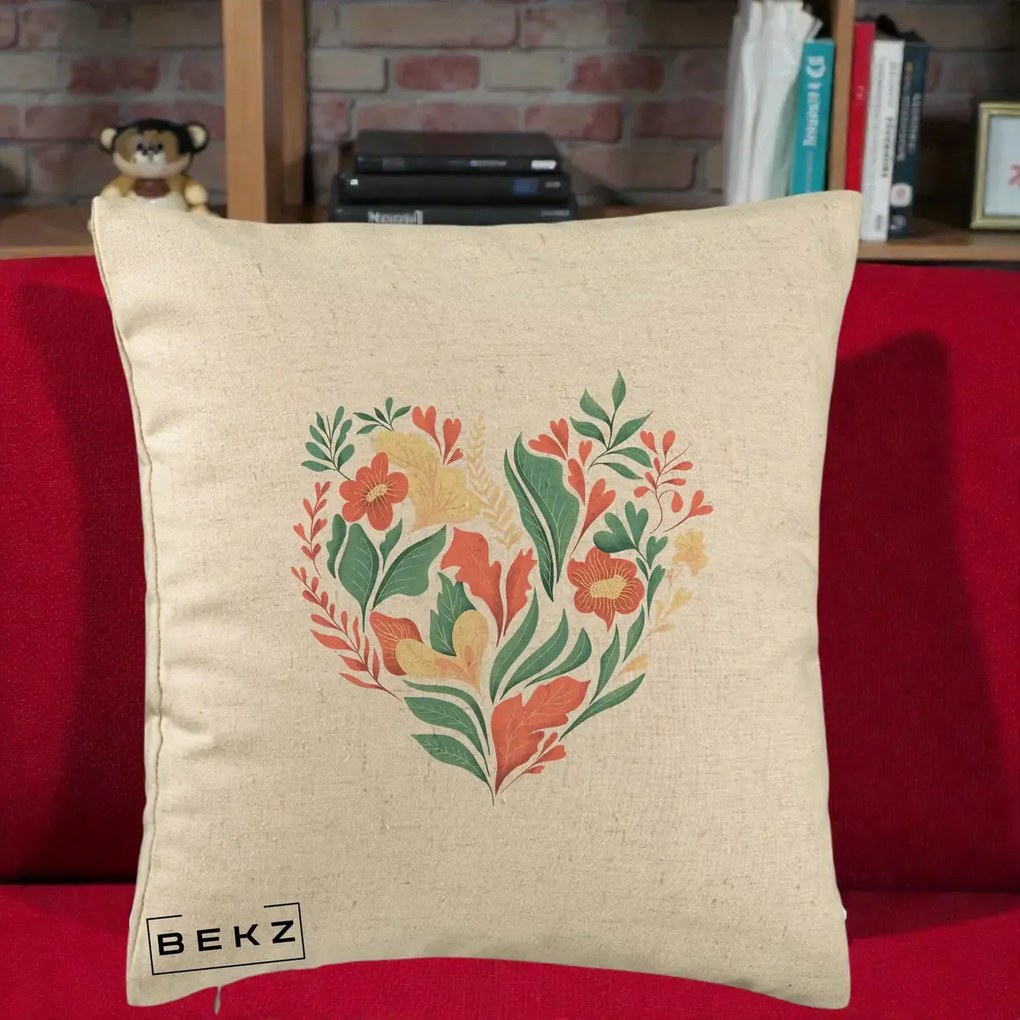 Perna Decorativa Inima Florala Botanica, 40x40 cm, Bej, Husa Detasabila, Perna Inclusa, BEKZ®