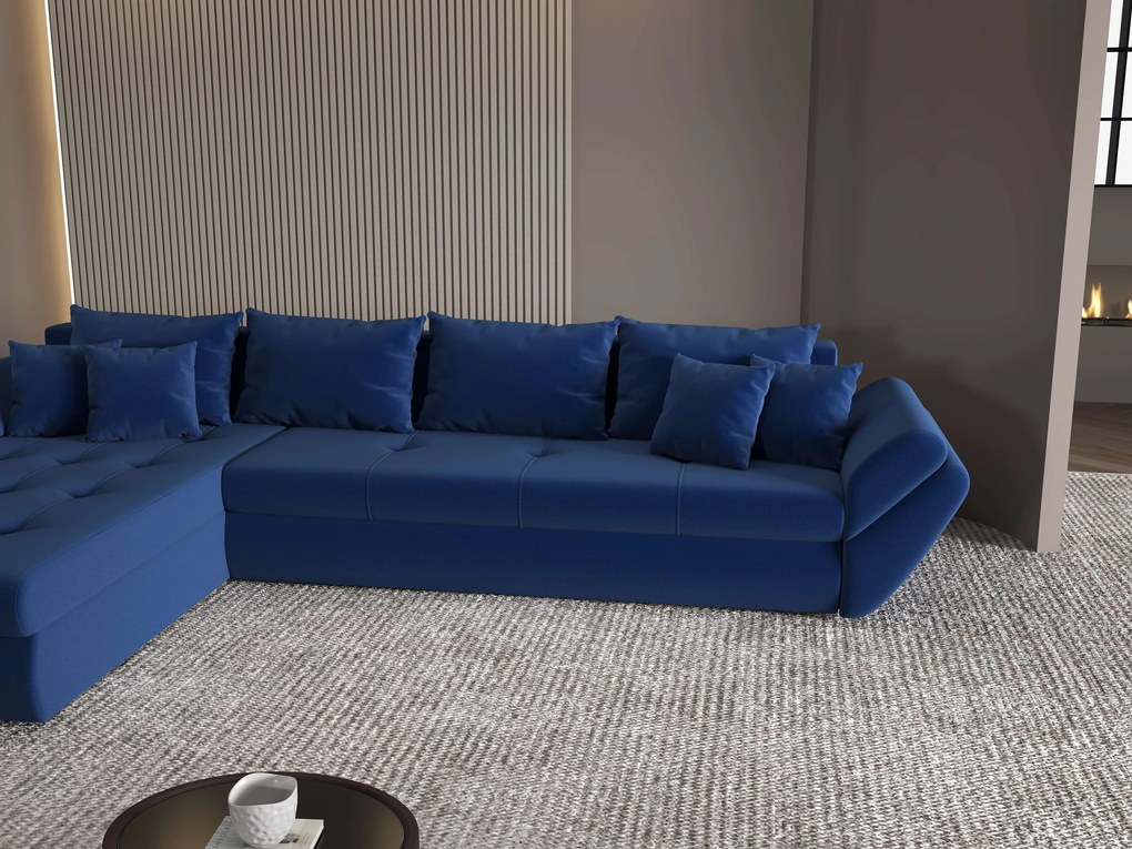 Colțar extensibil dumonde cu ladă de depozitare si sezut confortabil din spuma high-density, Loana XL Royal Albastru 335x185 cm