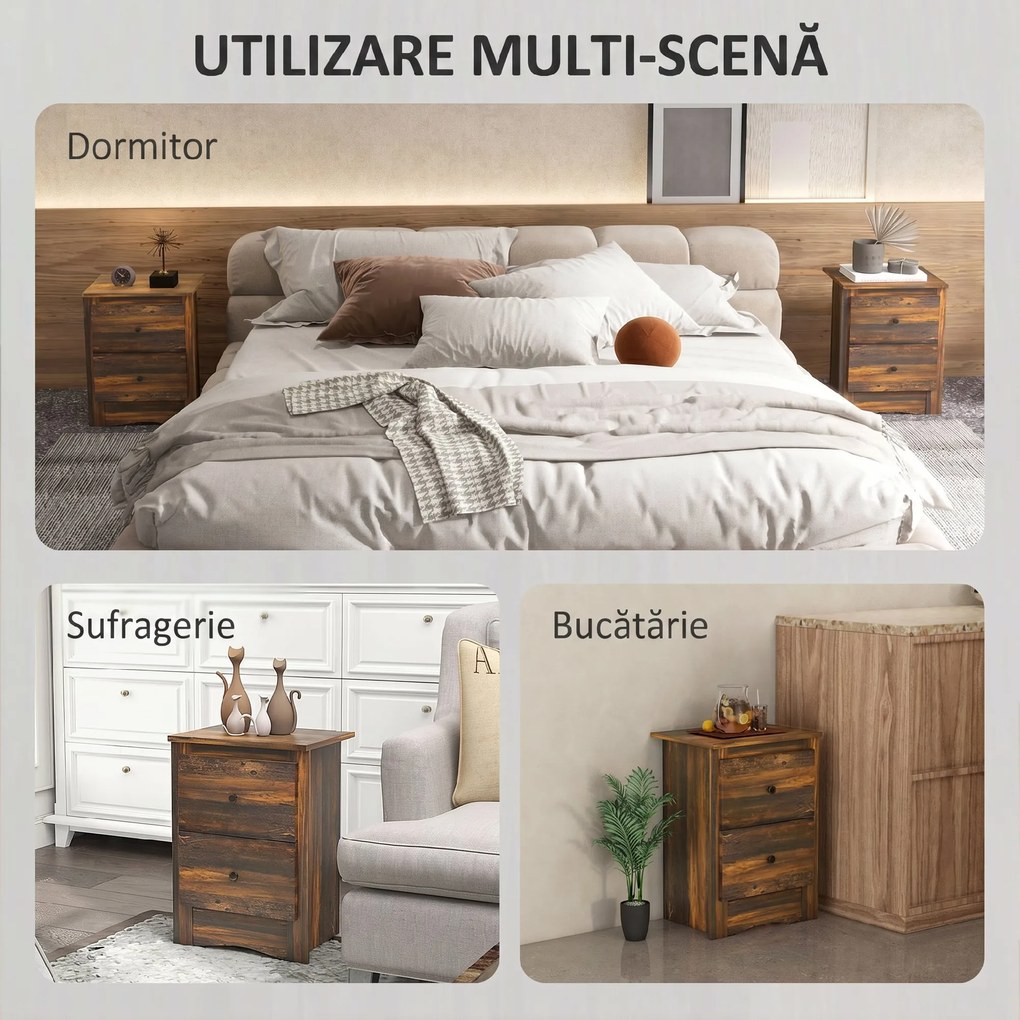 HOMCOM Noptieră cu 2 Sertare în Stil Rustic, Noptieră pentru dormitor din Lemn, 40x30x56 cm, Maro | Aosom Romania
