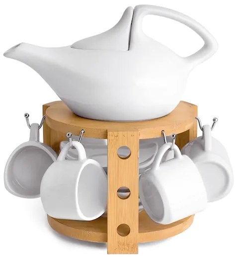 Set  de cafea cu 6 cesti ,farfurioare , ibric Portelan si suport bambus,24x24x20 cm