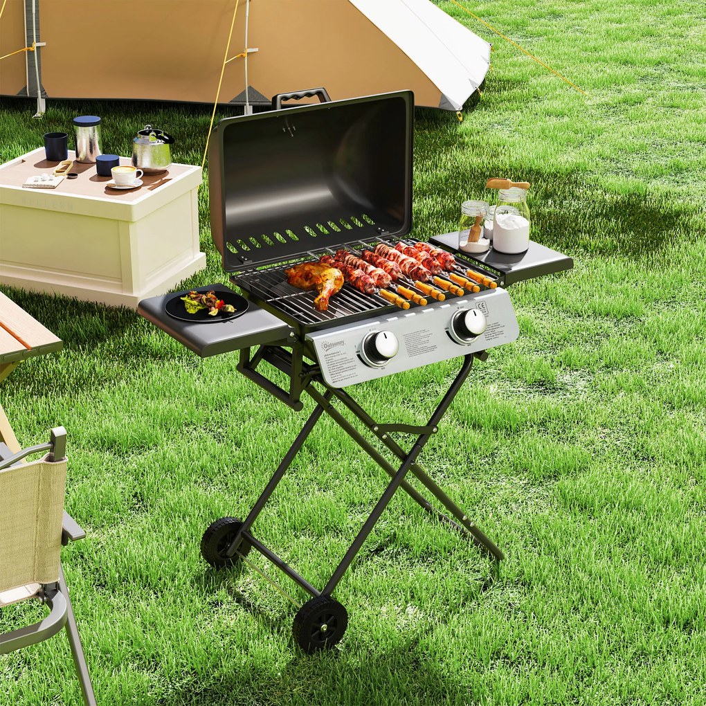 Outsunny Barbecue pe Gaz 2 Arzătoare, 2 Rafturi, Capac și Termometru Negru | Aosom Romania