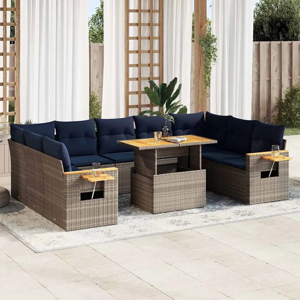 vidaXL Set mobilier de grădină cu perne, 10 piese, gri, poliratan