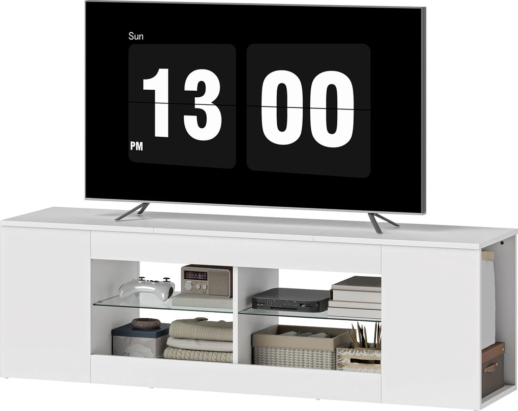 HOMCOM Suport TV 140 cm, comodă TV, 6 compartimente, 2 rafturi din sticlă, PAL, Alb | Aosom Romania