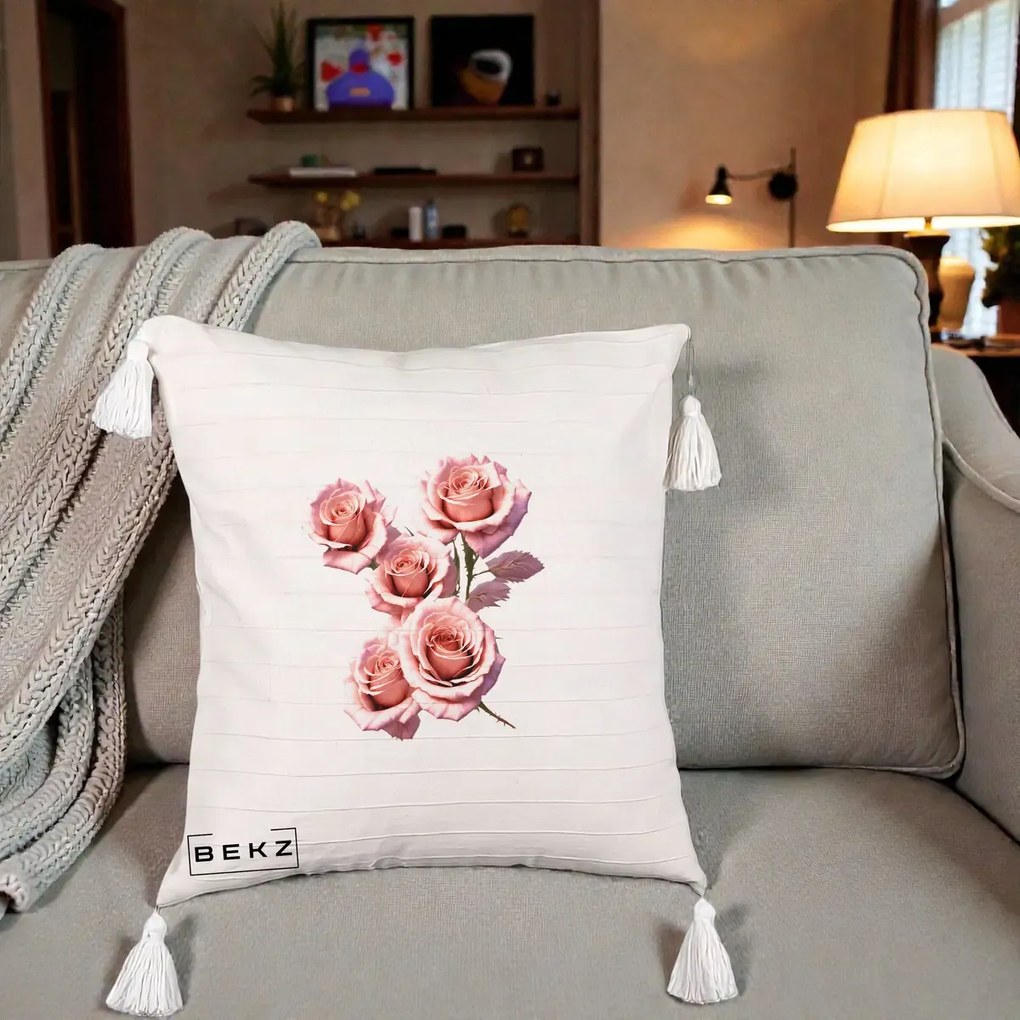 Perna Decorativa Trandafiri Roz Pastel Acuarela, 40x40 cm, Bej cu Franjuri, Husa Detasabila, Perna Inclusa, BEKZ®