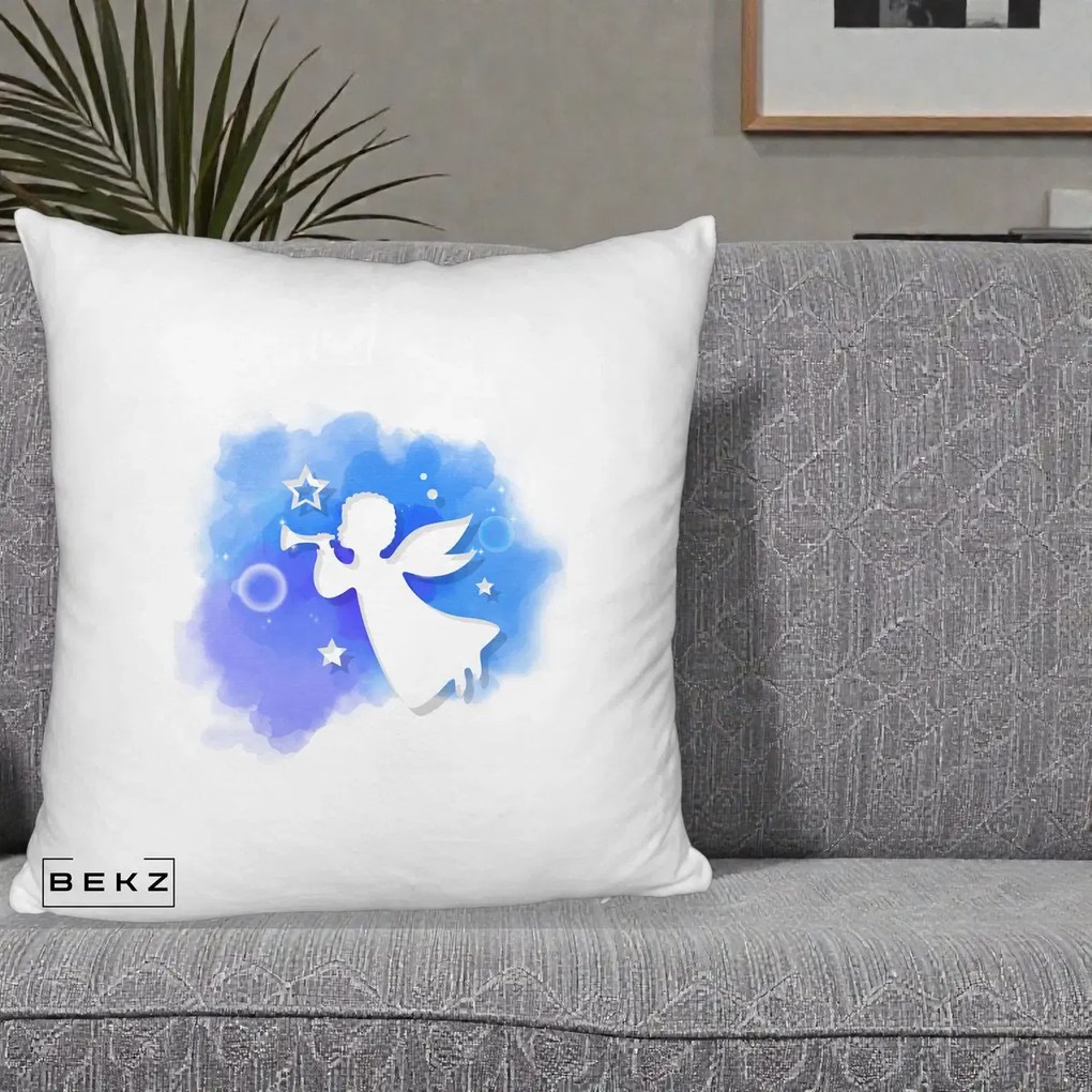 Perna Decorativa Inger cu Trompeta Albastru, 40x40 cm, Alb Pufos, Husa Detasabila, Perna Inclusa, BEKZ®