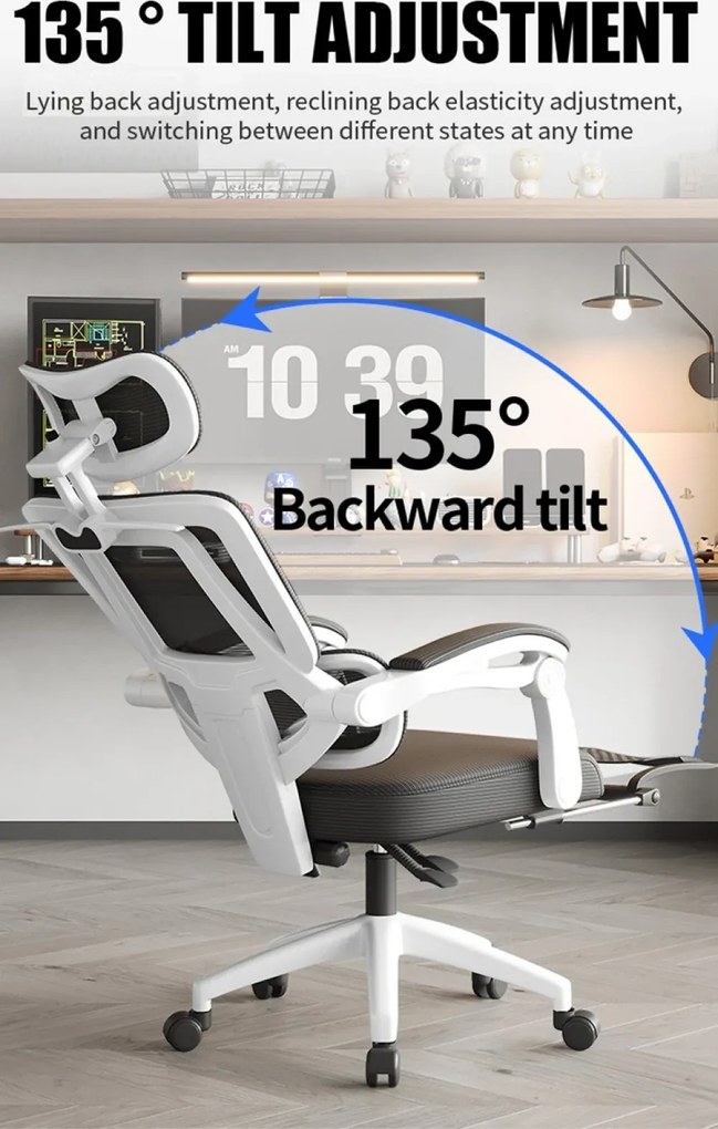 RESIGILAT- Scaun ergonomic cu suport lombar, tetieră reglabilă 3D, suport pentru picioare, Mesh, Negru
