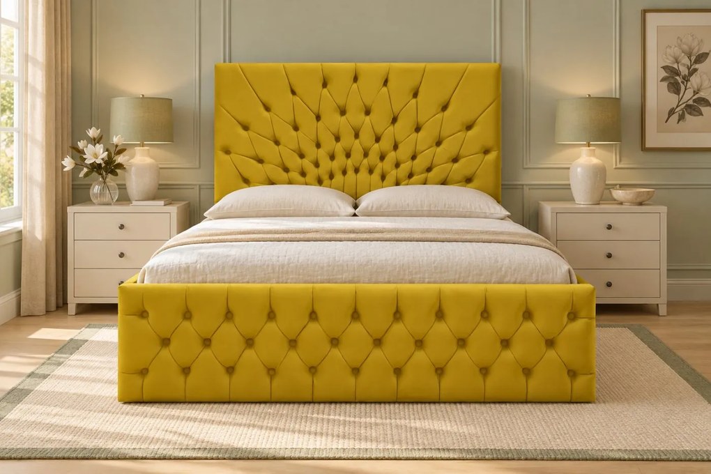 Pat tapițat Chesterfield din catifea Venezia 140×200 cm, galben muștar, cu ladă de depozitare