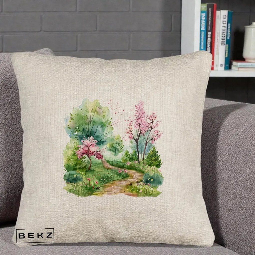 Perna Decorativa Gradina Primavara Acuarela, 40x40 cm, Bej Canapea, Husa Detasabila, Perna Inclusa, BEKZ®
