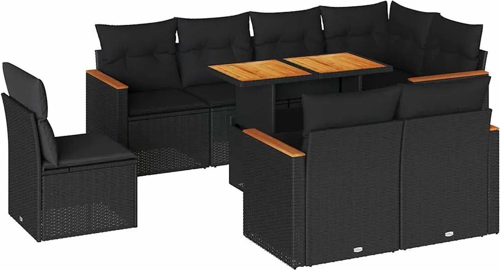 vidaXL Set mobilier grădină perne 9 piese negru poliratan/lemn acacia