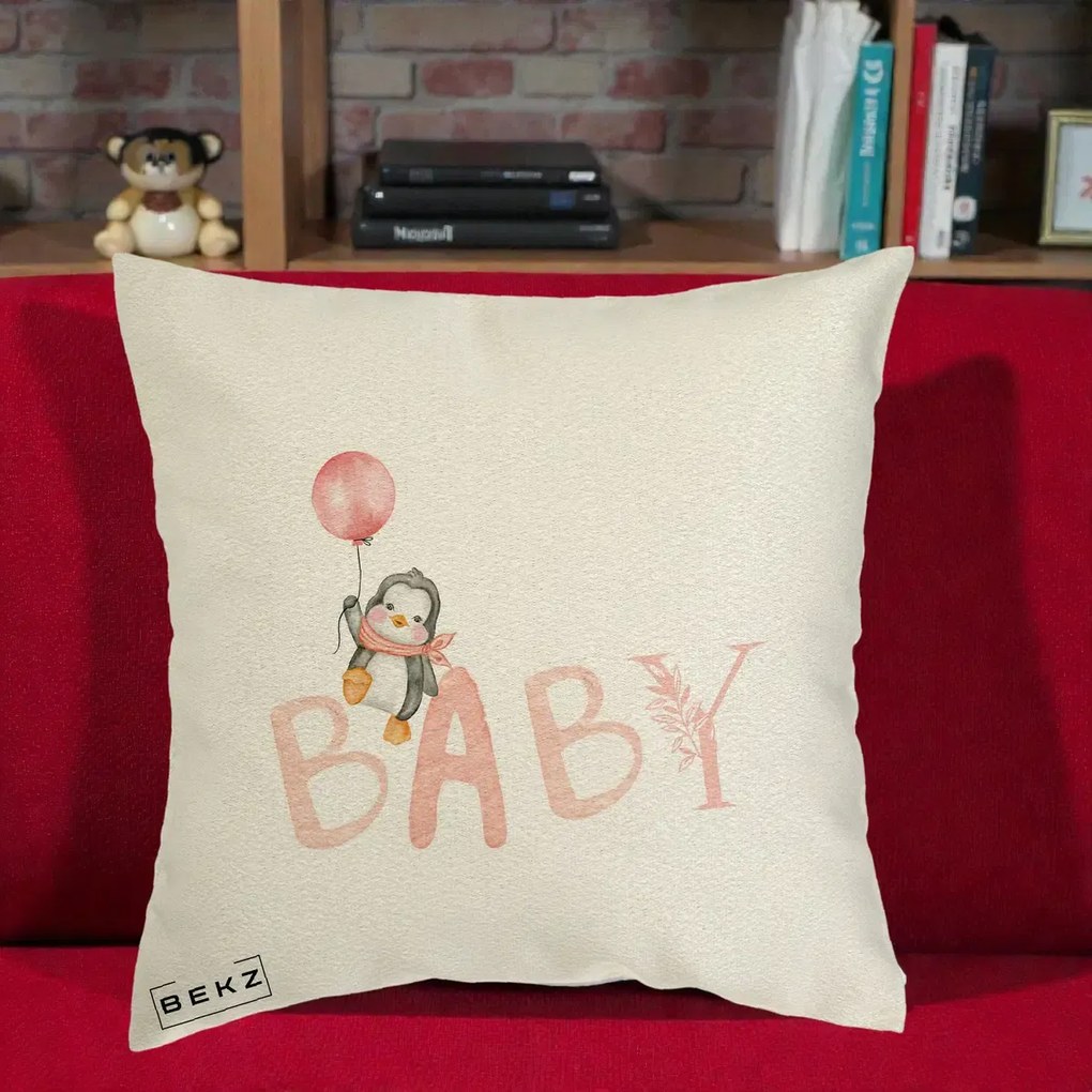 Perna Personalizata Baby Pinguin Roz, 40x40 cm, Ecru, Husa Detasabila, Perna Inclusa, BEKZ®
