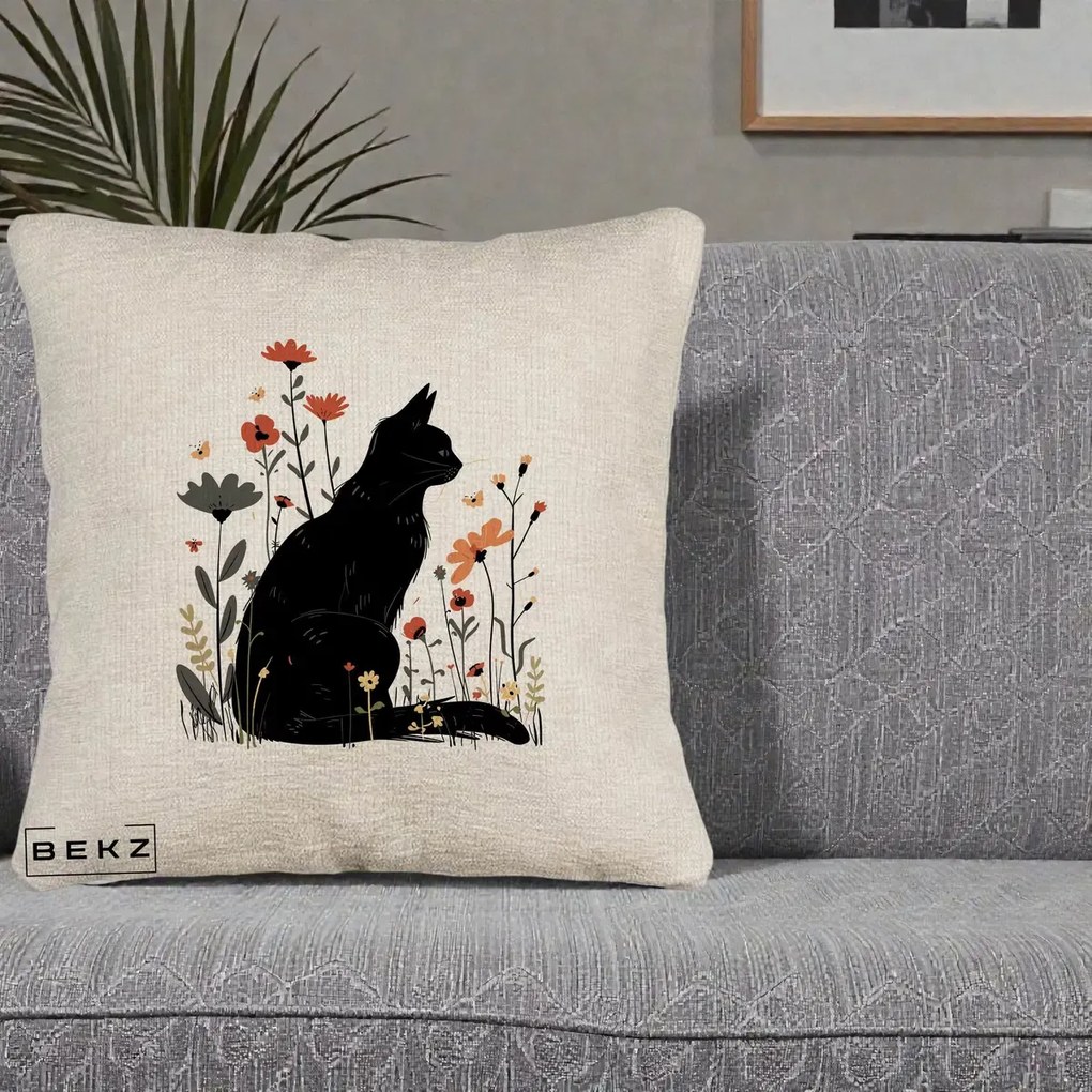 Perna Decorativa Pisica Neagra Profil Flori Portocalii, 40x40 cm, Bej Canapea, Husa Detasabila, Perna Inclusa, BEKZ®