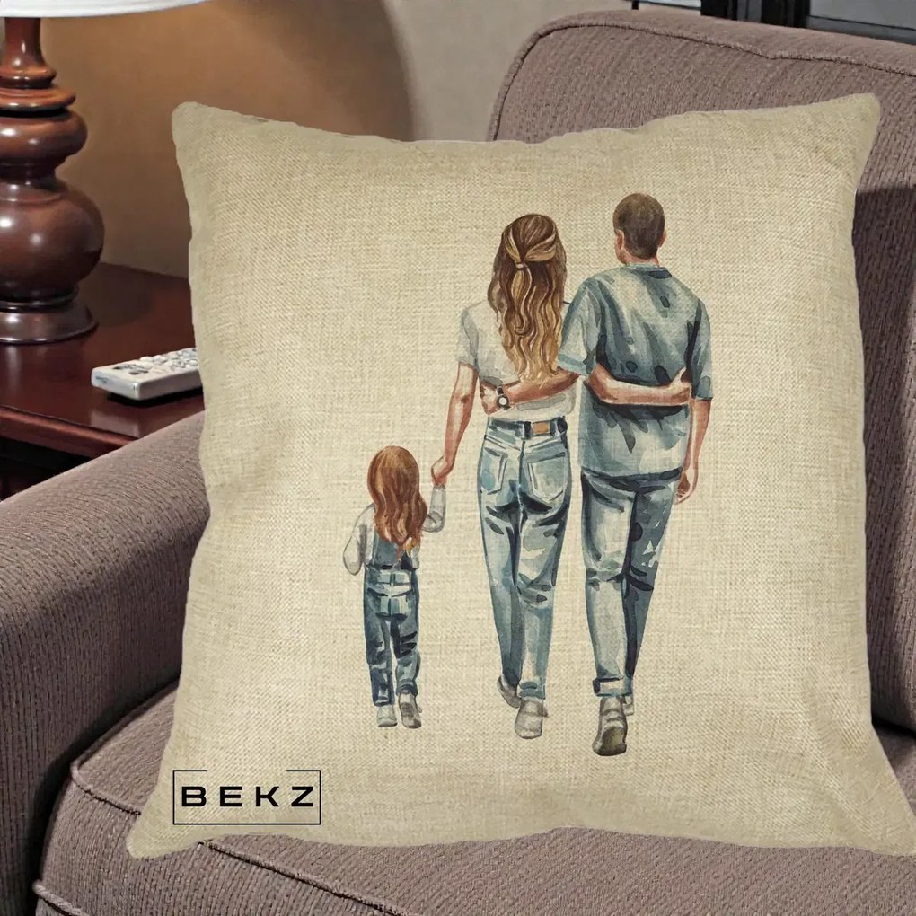 Cadou pentru Familie - Perna Personalizata Familie Acuarela Jeans, 40x40 cm, Crem, Husa Detasabila, Perna Inclusa, BEKZ®