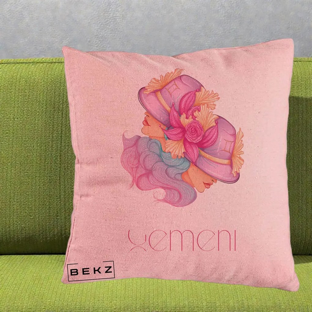 Perna Personalizata Zodie Gemeni, 40x40 cm, Roz, Husa Detasabila, Perna Inclusa, BEKZ®