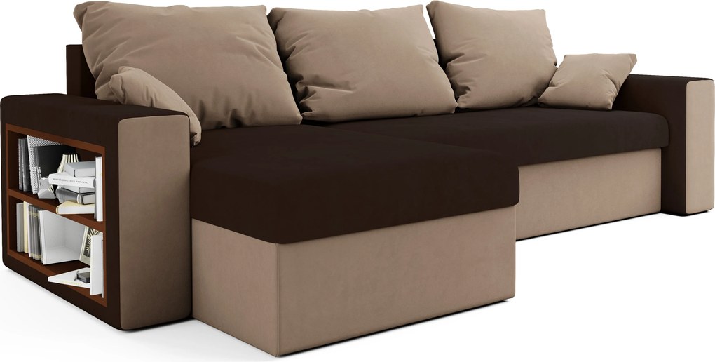 Set canapea extensibila, reversibila in forma de L NORIX 240x140 cm, maro inchis/maro deschis cu raft + 2 perne GRATUIT