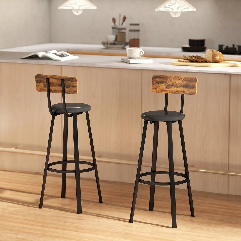 HOMCOM Set de 2 Scaune de Bar Captușite cu Spătar și Suport pentru Picioare - Maro Rustic și Negru | Aosom Romania