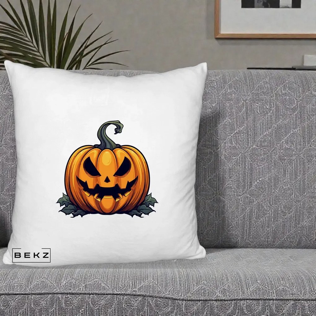 Perna Decorativa Halloween Jack-o'-Lantern Infricosator, 40x40 cm, Alb Pufos, Husa Detasabila, Perna Inclusa, BEKZ®