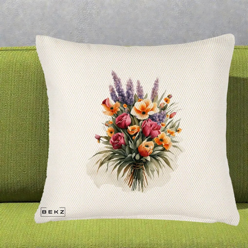 Perna Decorativa Buchet Mixt Acuarela Lavanda-Trandafiri, 40x40 cm, Crem Reliefat, Husa Detasabila, Perna Inclusa, BEKZ®