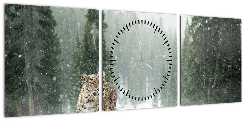 Tablou cu leopard în zăpadă (cu ceas) (90x30 cm)