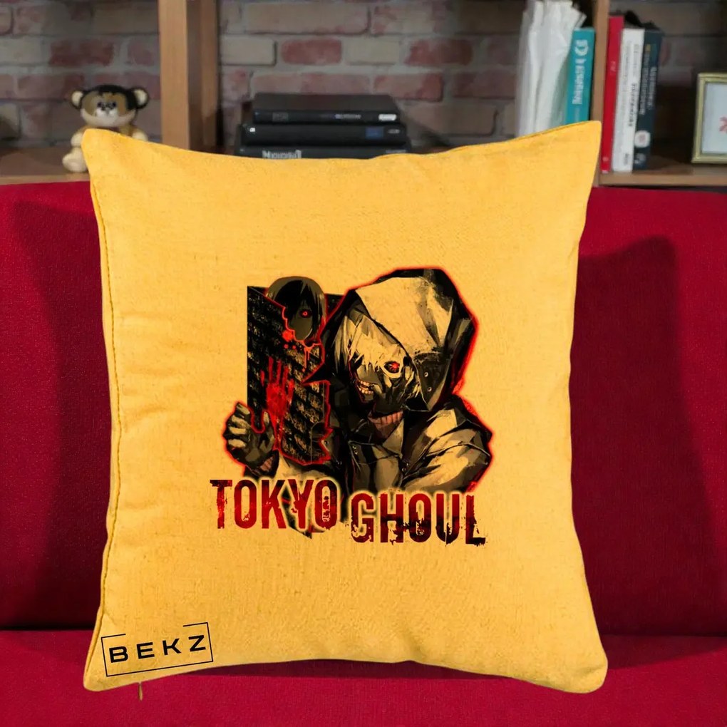 Perna Personalizata Tokyo Ghoul Ken Kaneki Anime, 40x40 cm, Galben, Husa Detasabila, Perna Inclusa, BEKZ®