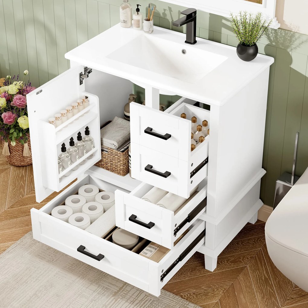 Dulap de baie pe podea cu chiuvetă, spațiu de depozitare variat, 76x46x83,5 cm, Alb