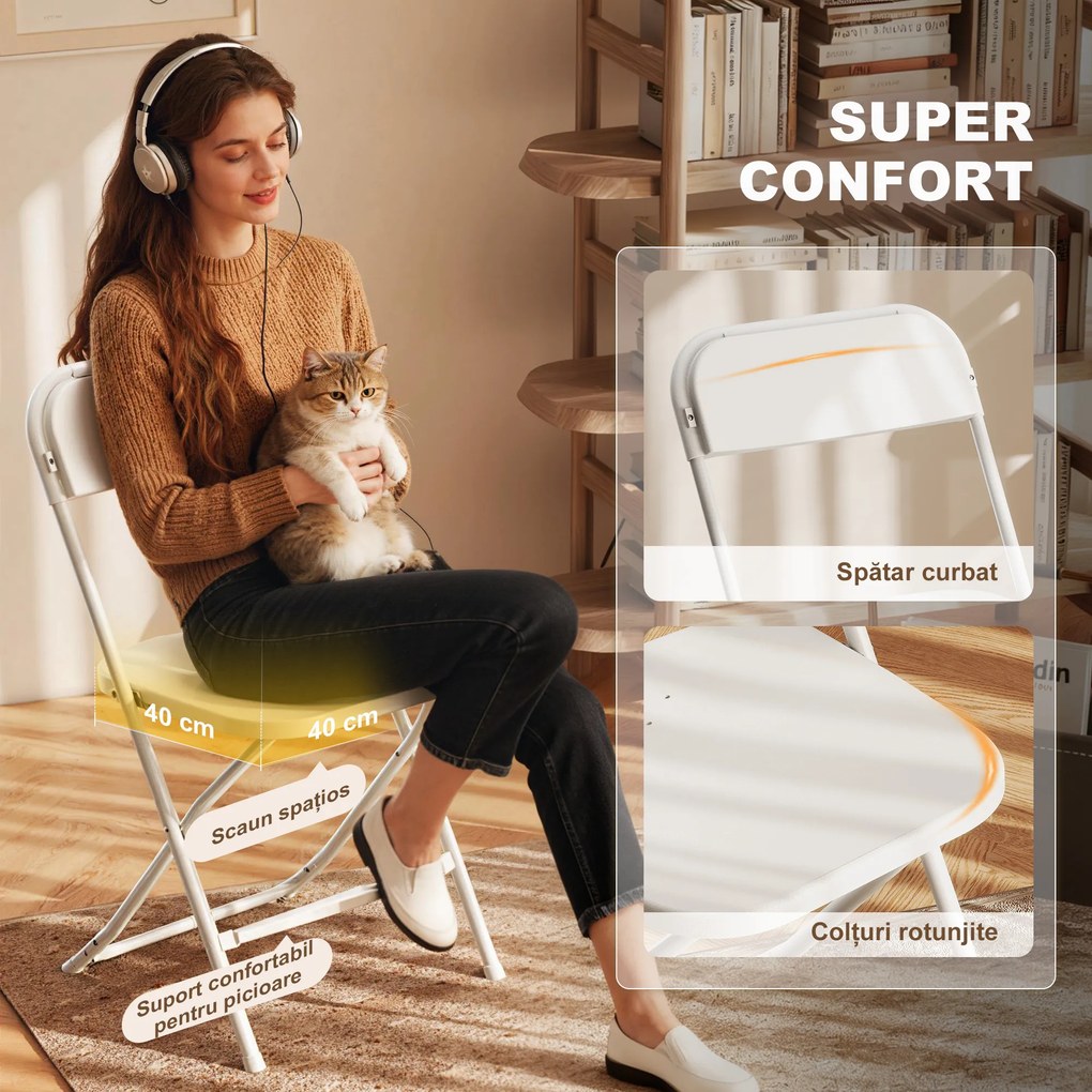 HOMCOM Set de 4 Scaune Pliabile cu Găuri de Drenaj din Plastic și Metal, 45x49x79.5 cm, Alb | Aosom Romania
