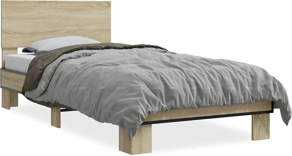 vidaXL Cadru de pat, stejar sonoma, 75x190 cm, lemn prelucrat și metal