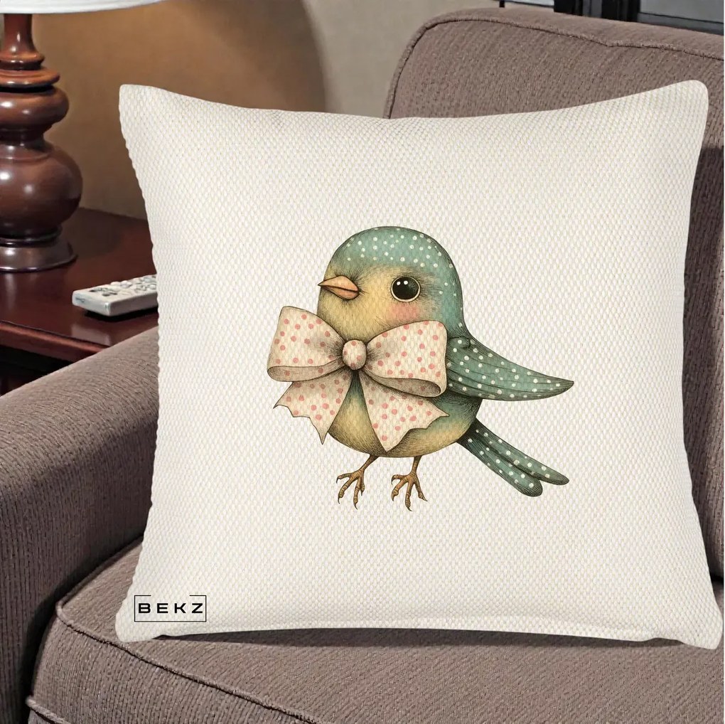 Perna Decorativa Pasare Teal cu Fundita cu Buline, 40x40 cm, Crem Reliefat, Husa Detasabila, Perna Inclusa, BEKZ®