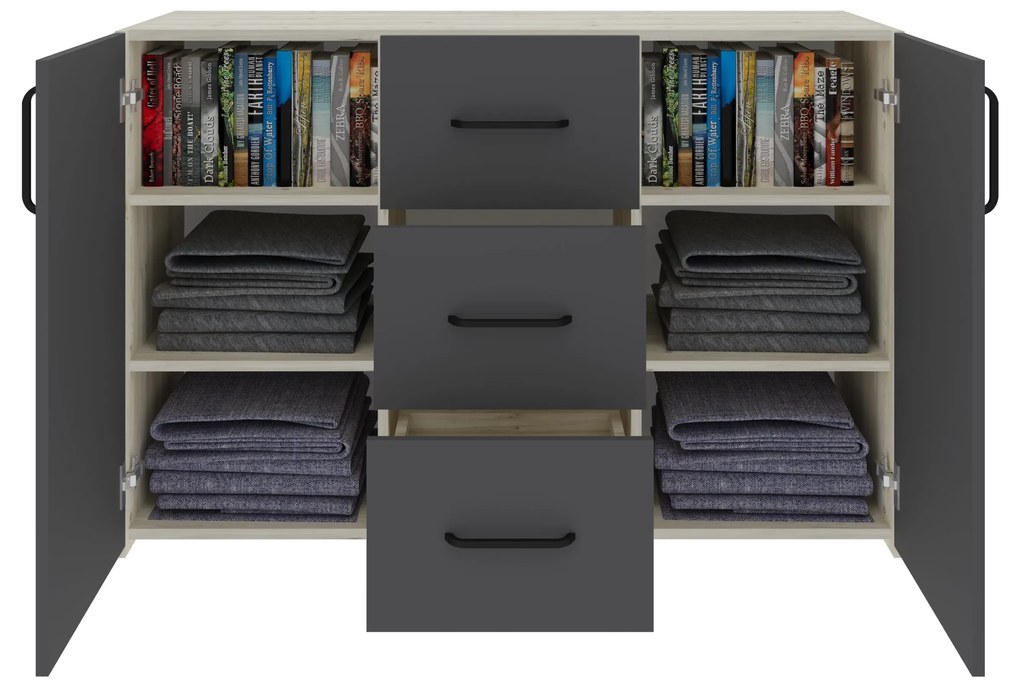 Comoda Malmo, 3 Sertare, 2 Usi, Stejar Alb/Antracit, 120 x 42 x 80 cm