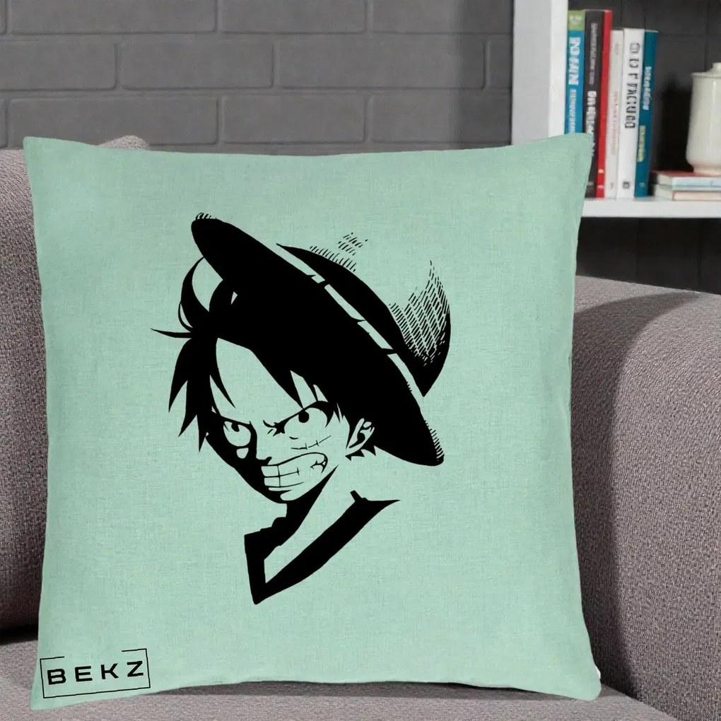Perna Personalizata One Piece Luffy Silueta Alb-Negru, 40x40 cm, Verde Menta, Husa Detasabila, Perna Inclusa, BEKZ®